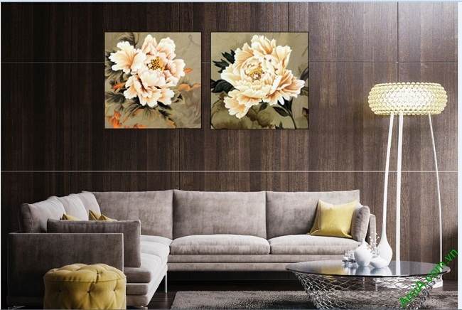 Tranh song hoa Mẫu Đơn trang trí phòng khách đẹp Amia 426-02