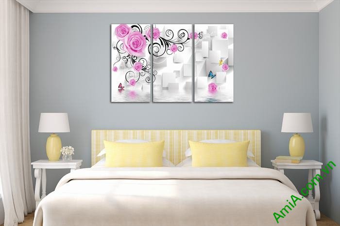 Tranh trang trí phòng khách in nổi 3D hoa hồng Amia 523-01