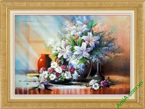 Tranh trang trí phòng khách tĩnh vật bình hoa ly Amia 565-00