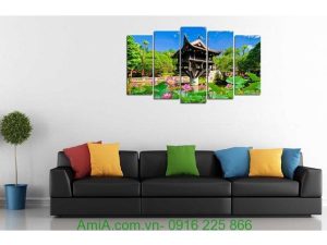 Hình ảnh mẫu tranh phong cảnh treo phòng khách đẹp chùa một cột