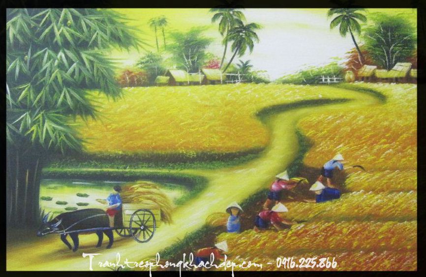 Tranh canvas hình vẽ phong cảnh làng quê mùa lúa - Tranh đẹp AmiA