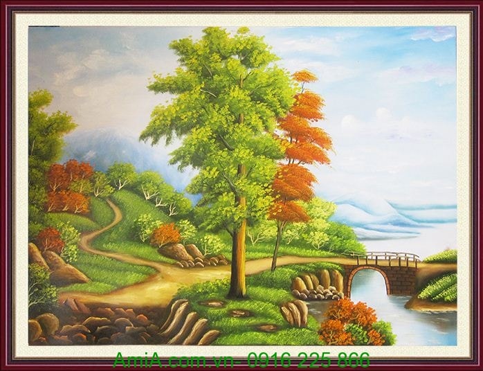 Tranh vẽ phong cảnh rừng núi sơn dầu treo phòng khách TSD 226