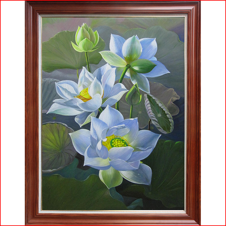 Tranh hoa sen  tranh sơn dầu hoa sen đẹp ST31  Tranh sơn dầu Nguyễn Thái  học  Tranh sơn dầu hà nội
