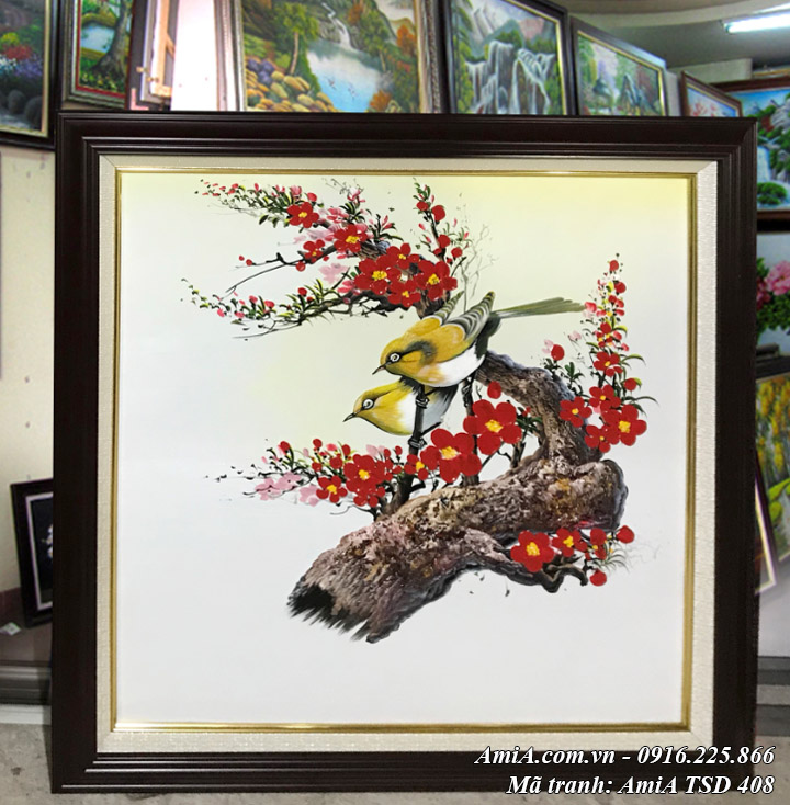 Hình ảnh tranh đôi chim và cành đào xuân tại cửa hàng tranh sơn dầu amia