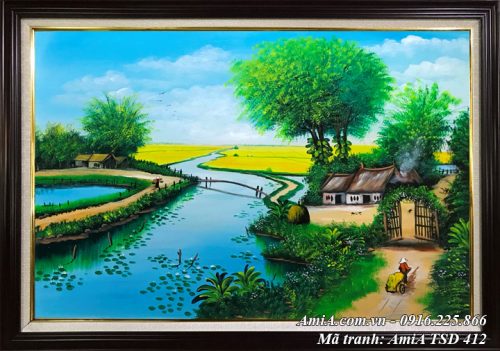 Hình ảnh tranh phong cảnh sơn dầu nhà nhỏ bên sông quê TSD 412