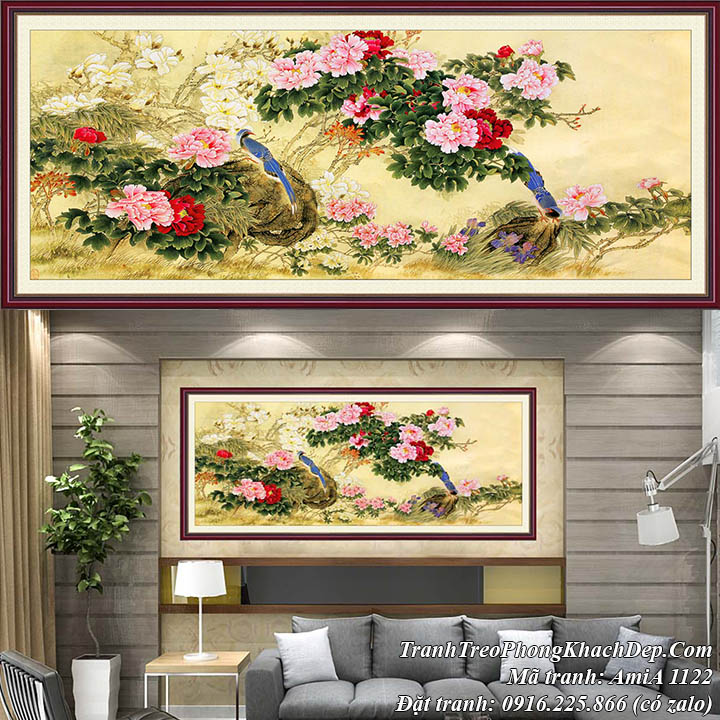 AmiA 1122 tranh hoa mẫu đơn Trung Quốc khổ lớn treo phòng khách