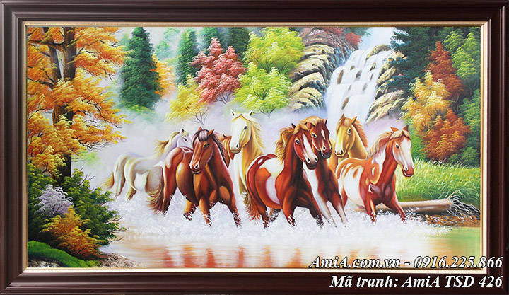 Hinh anh tranh ngựa 8 con phi nước đại trên sông nước mã TSD 426