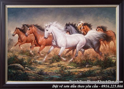 Tranh vẽ ngựa sơn dầu trên đồng cỏ 8 con