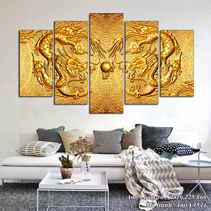 AmiA 1544 tranh phong thủy rồng vàng treo phòng khách đẹp
