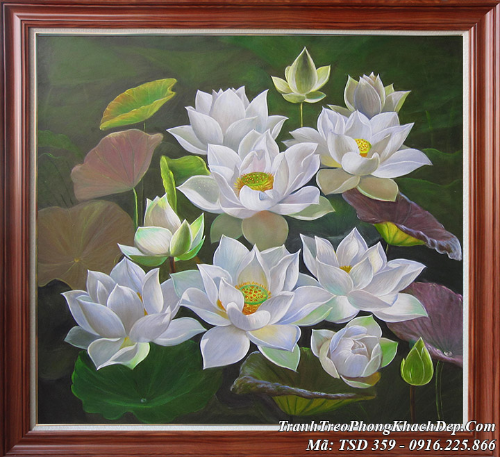Tranh hoa Sen trắng tinh khôi vẽ sơn dầu nghệ thuật AmiA