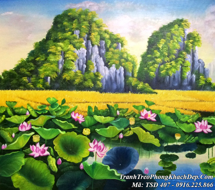 Tranh sơn dầu Amia tSD 407 vẽ cảnh hồ Sen núi non và đồng lúa chín