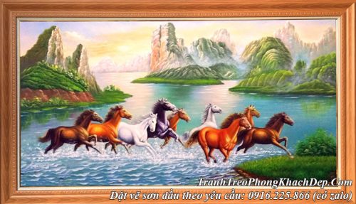 Hình ảnh tranh sơn dầu mã đáo thành công giữa cảnh sông núi hữu tình