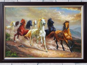 Hình ảnh tranh sơn dầu đàn ngựa 8 con chạy trên dốc núi