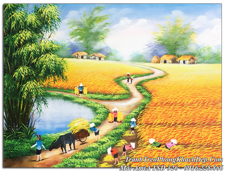 Tranh sơn dầu Amia 326 vẽ cánh đồng lúa chín phong cảnh quê hương
