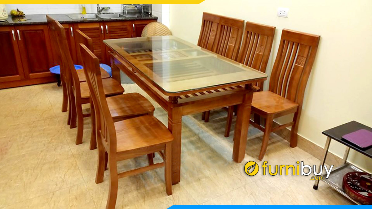 Bộ bàn ăn 6 ghế gỗ sồi mặt kính được ưa chuộng